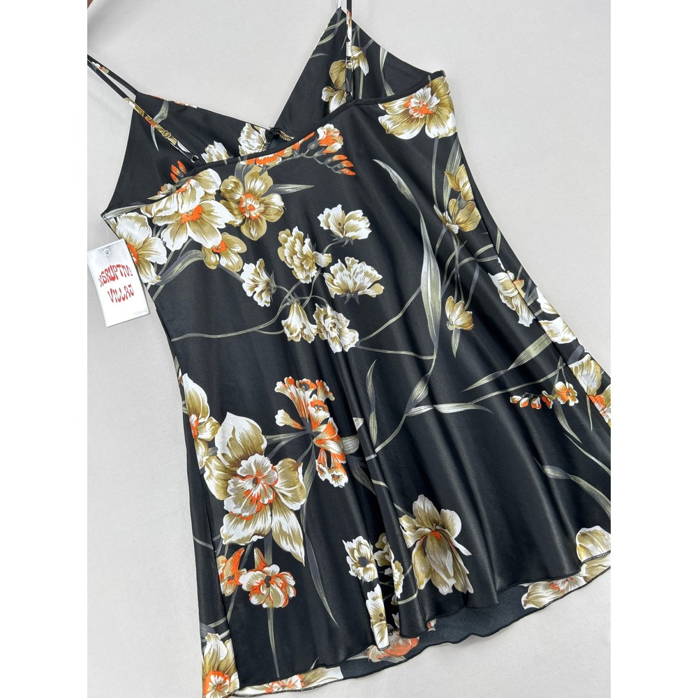 Black Floral Satin Slip Dress V-Neck Adjustable Straps Womens Medium - Picture 4 of 16